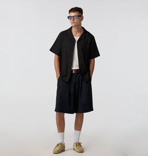 Linen Cuban Collar SS Shirt - Black