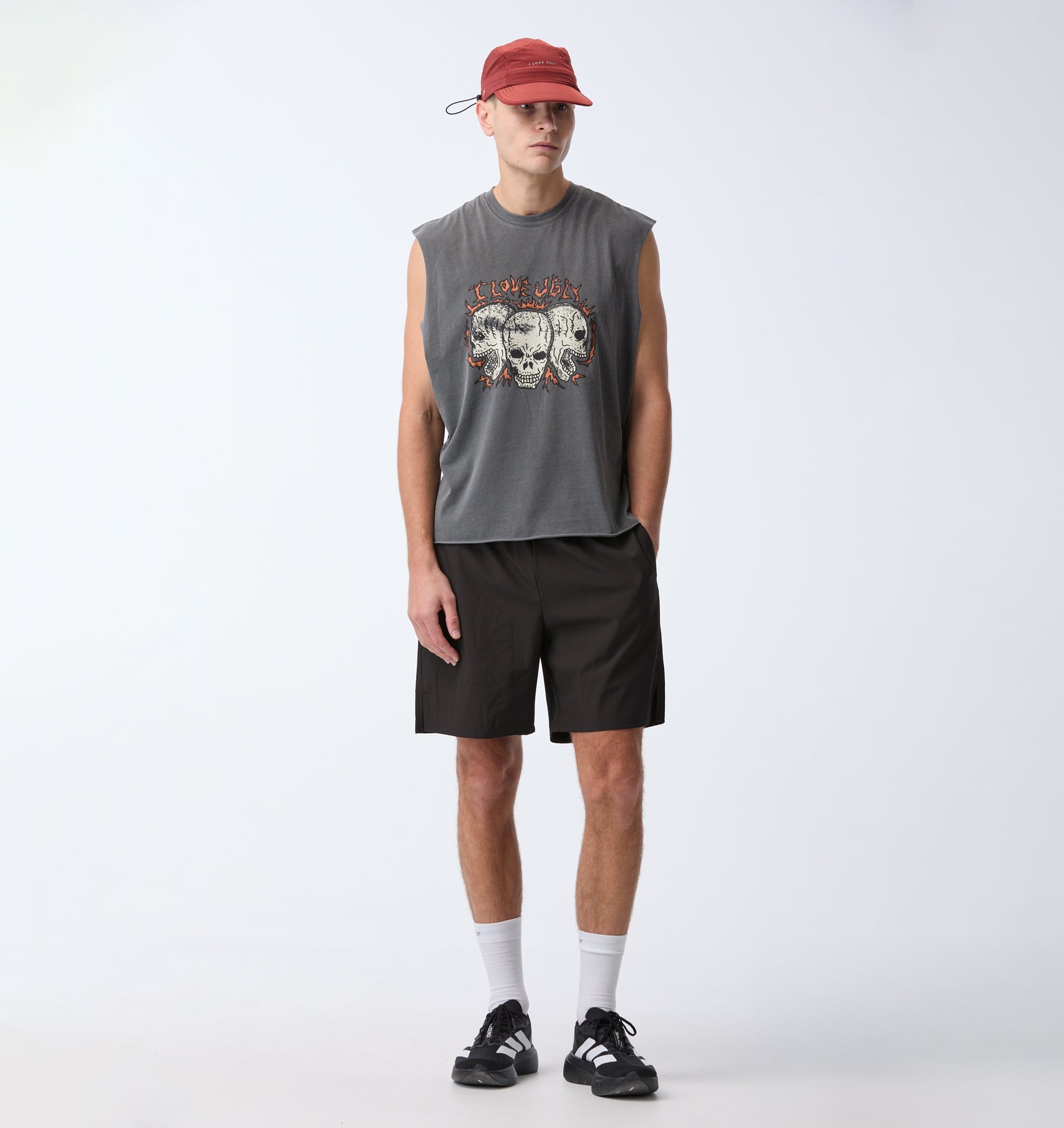 Skull Active Cotton Crop Tank - Washed Black