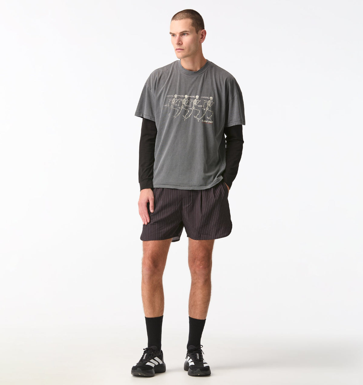 Active Pleat Front Short - Black Pinstripe