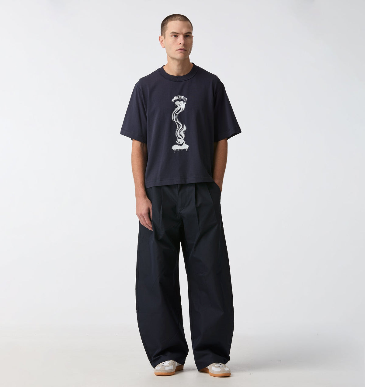 Warped Face Box Crop Tee - Washed Navy