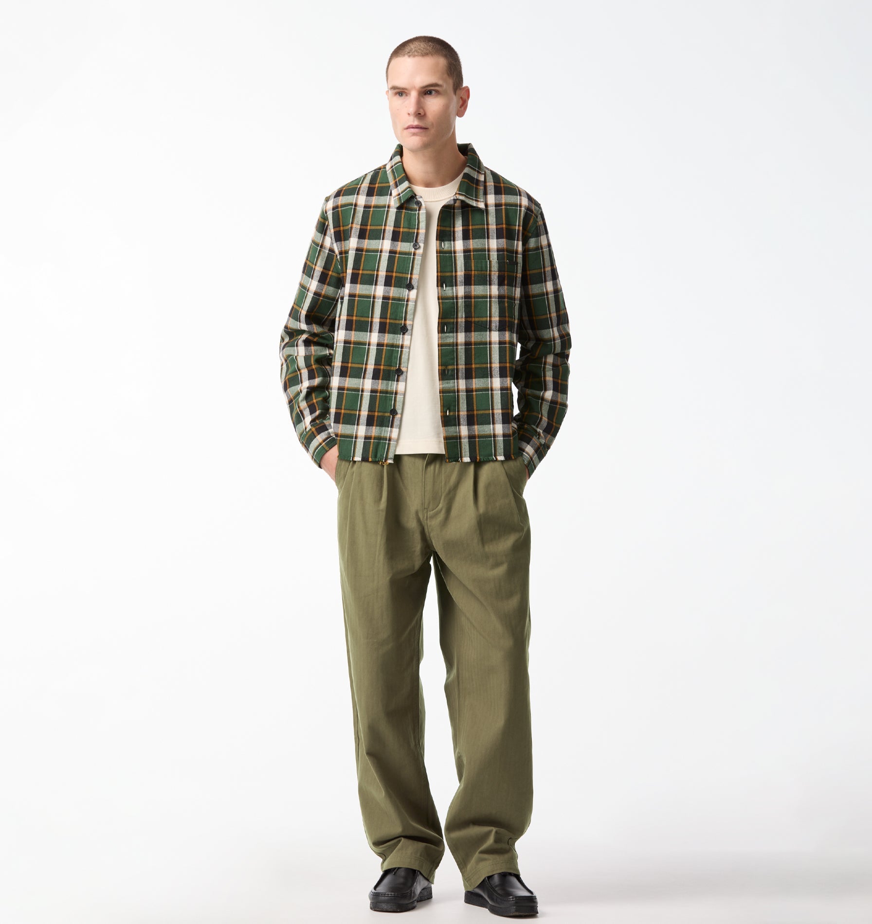 Raw Hem Check Overshirt - Forest Green/Yellow