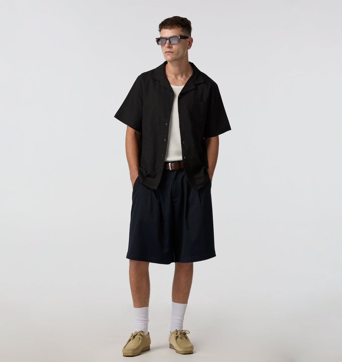 Linen Cuban Collar SS Shirt - Black