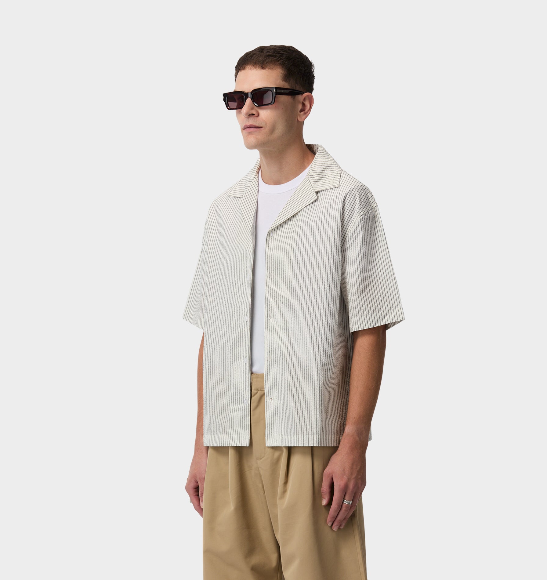 Box Cuban Collar Shirt - White/Black Stripe