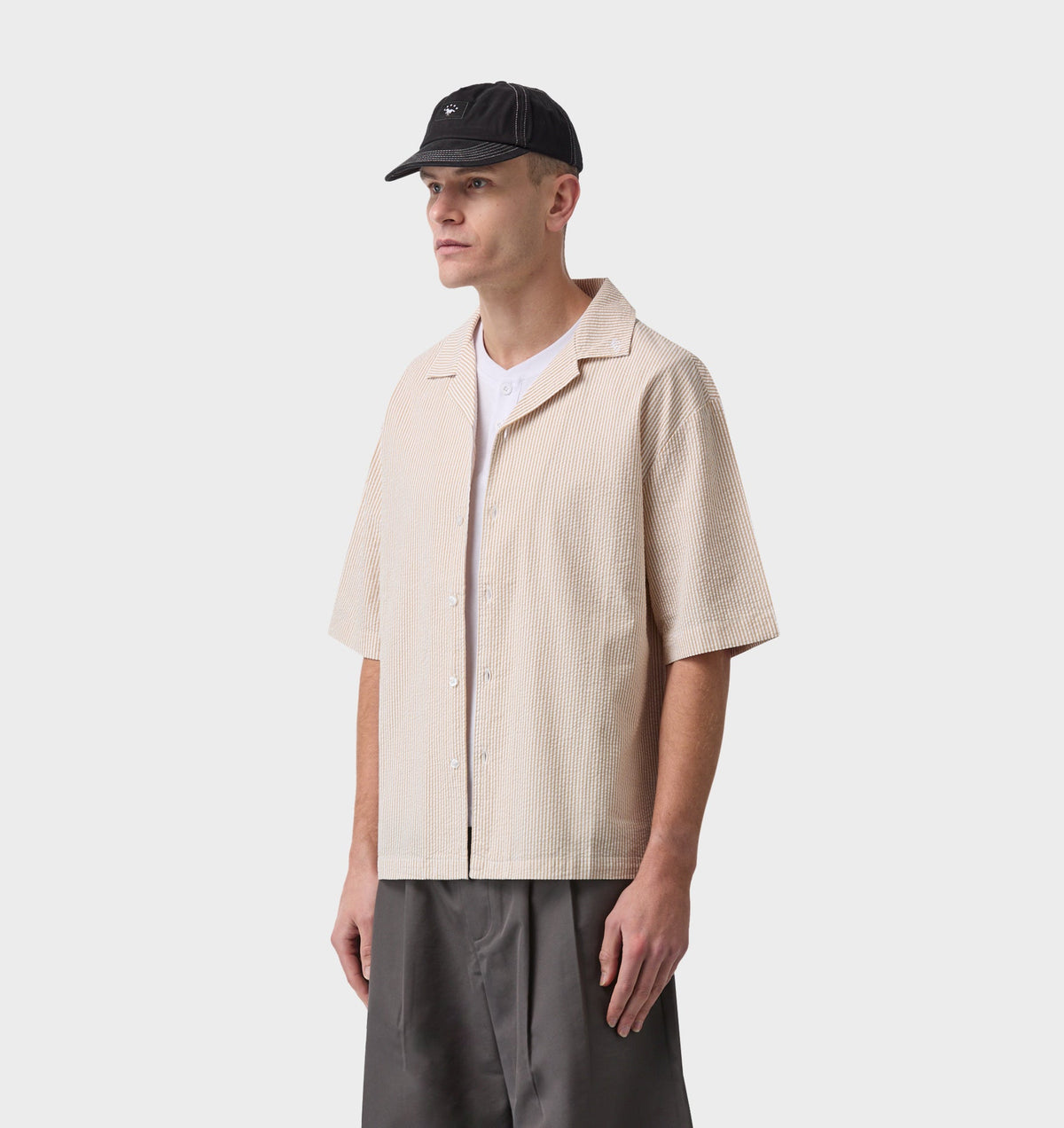 Box Cuban Collar Shirt - Mustard/White Stripe