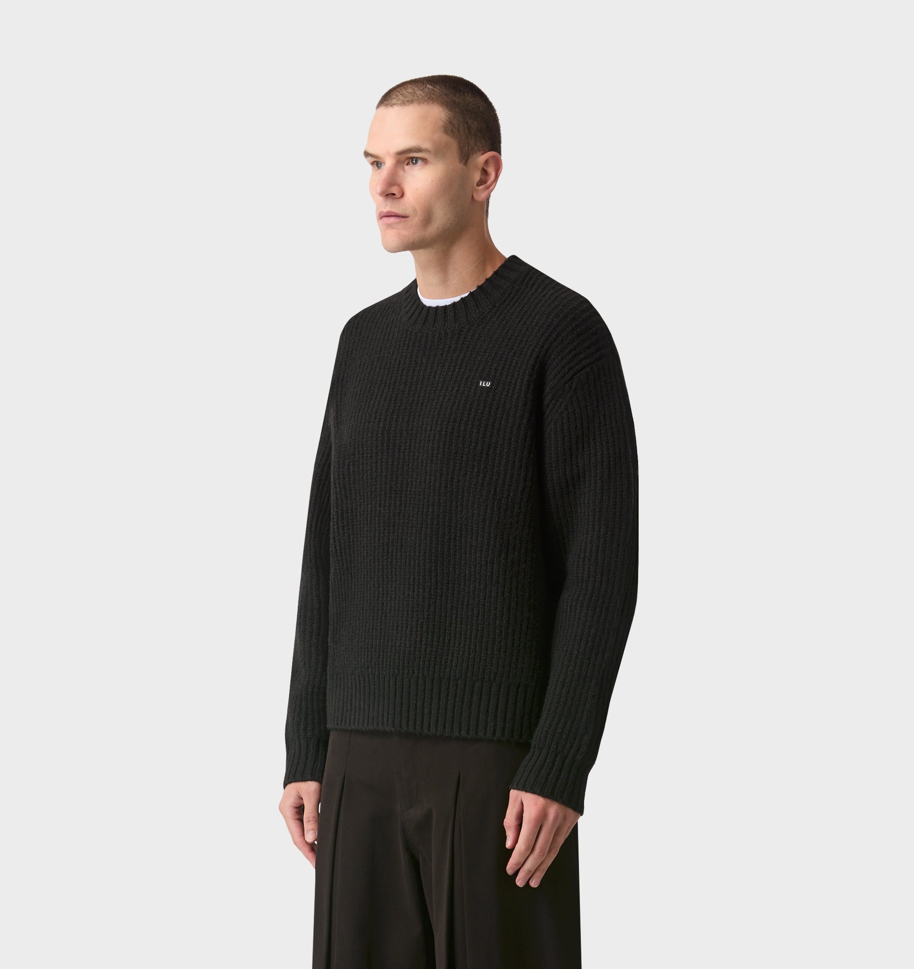 Wool Crop Knit Sweater - Black