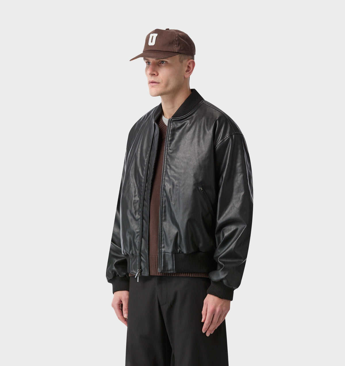 Faux Leather Bomber Jacket - Black