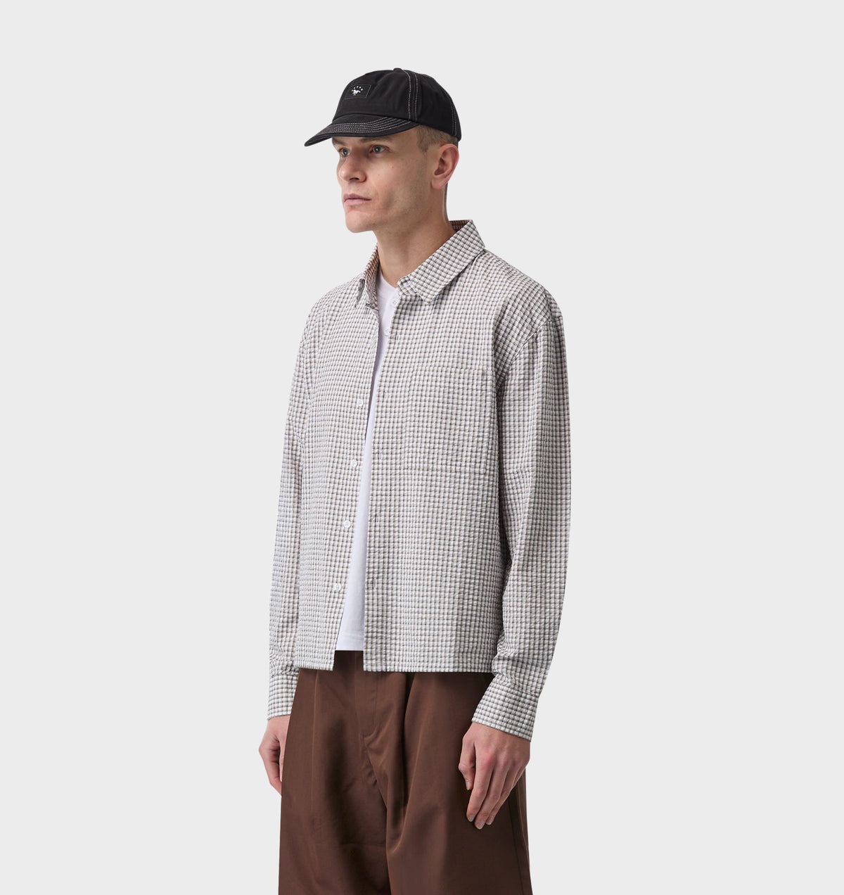 Crop LS Shirt - White/Sand Check