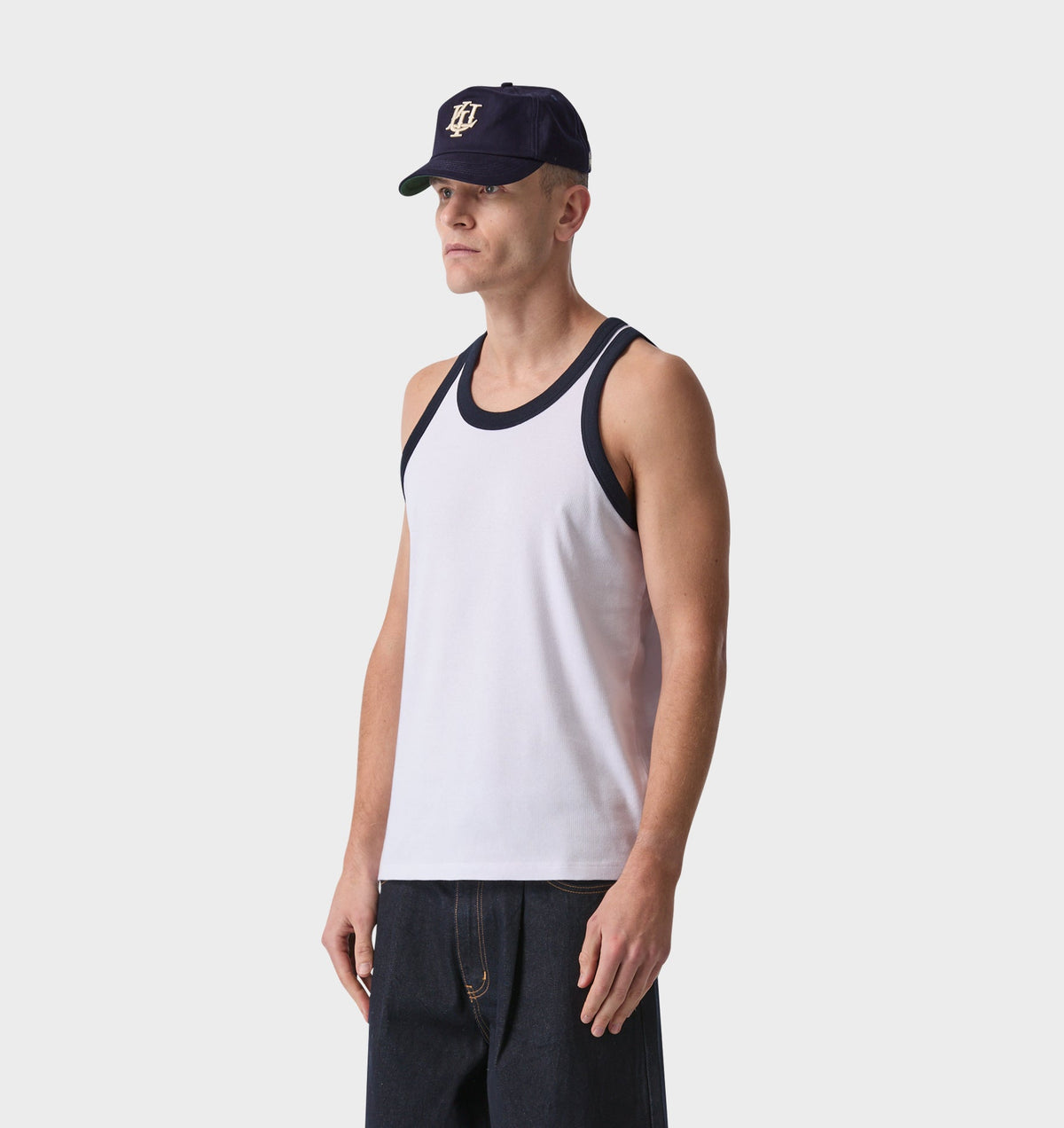 Ribbed Slim Tank - White/Navy