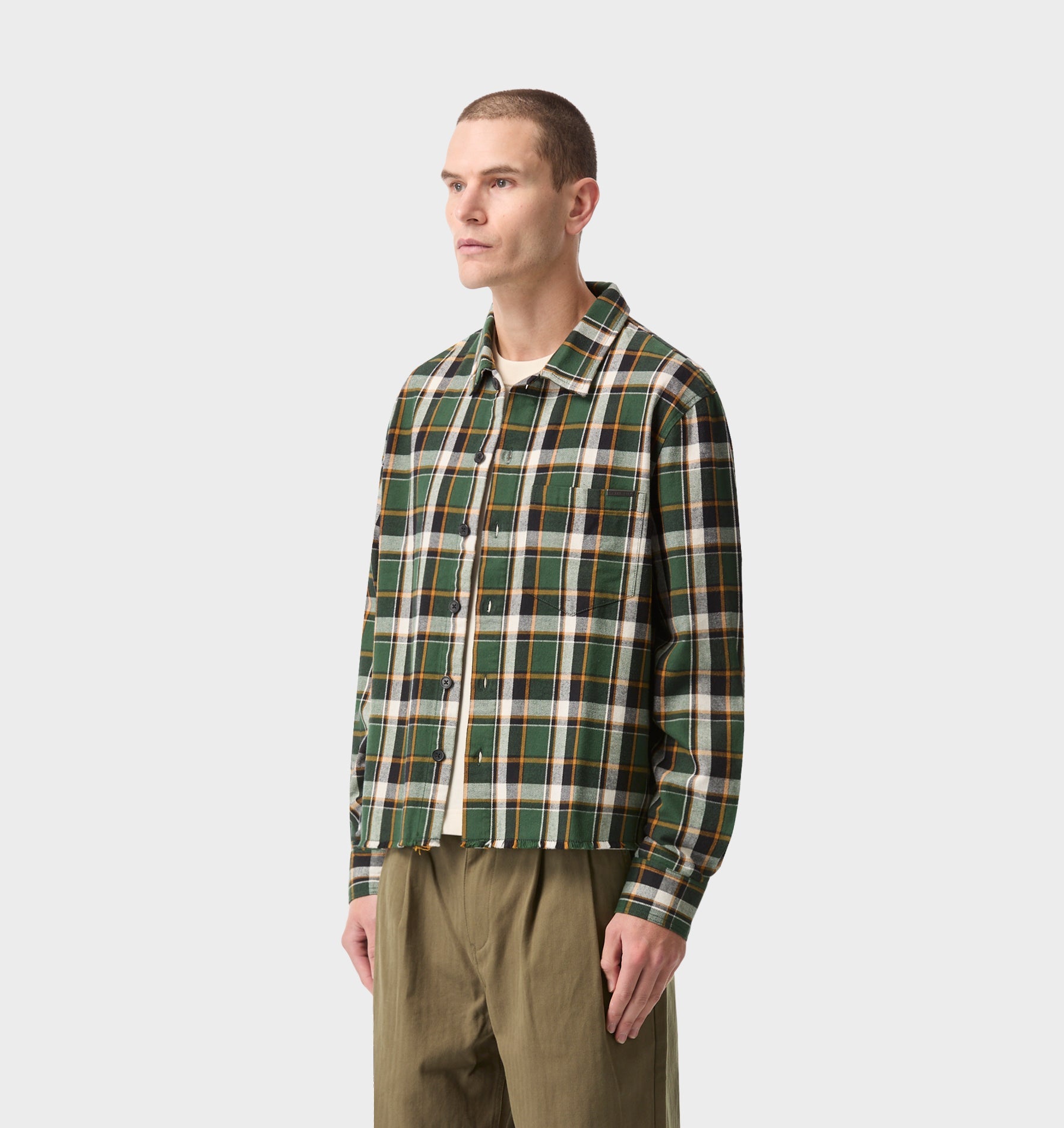 Raw Hem Check Overshirt - Forest Green/Yellow