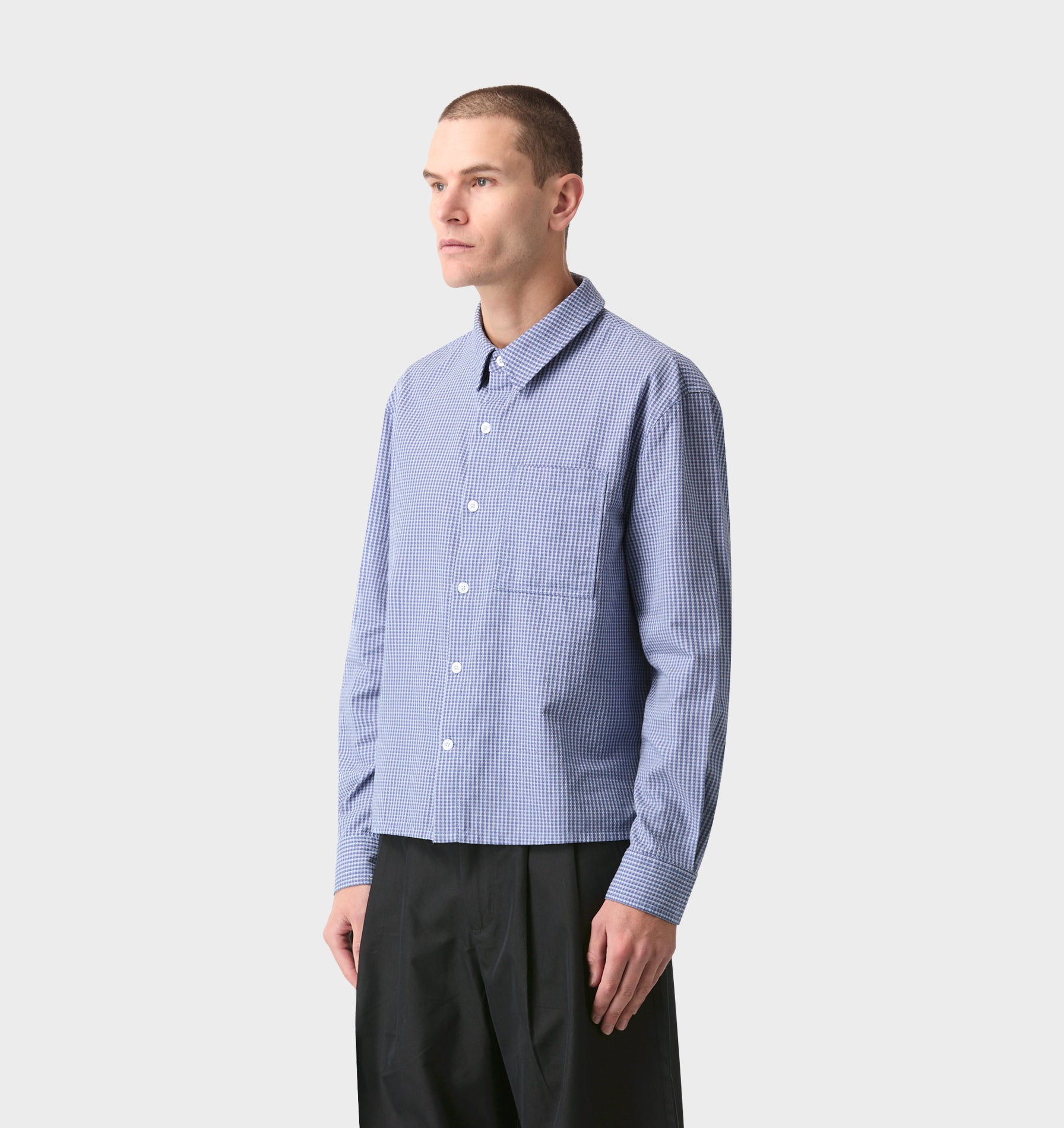 Crop LS Shirt - Light Blue Check