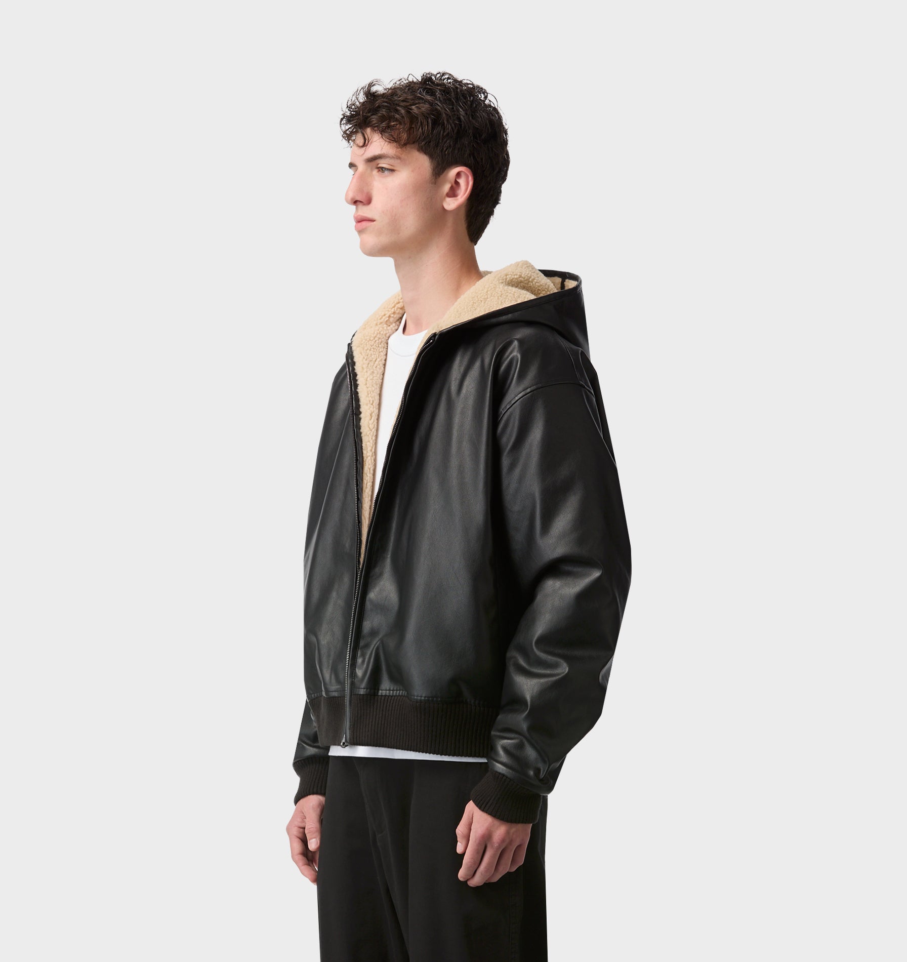 Faux Leather Hood Jacket - Black