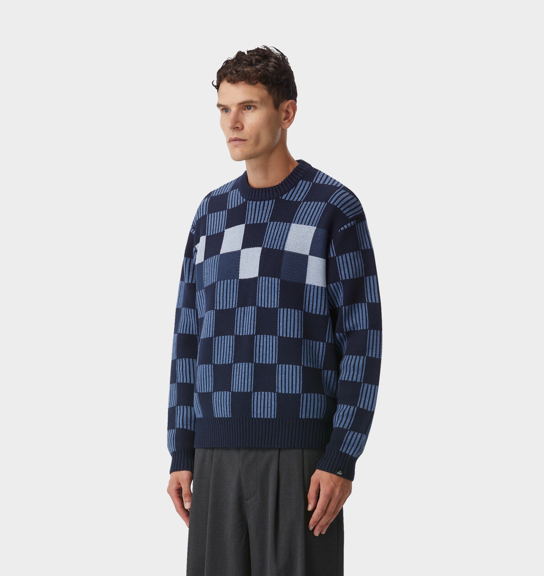 Checkerboard Knit Sweater - Navy