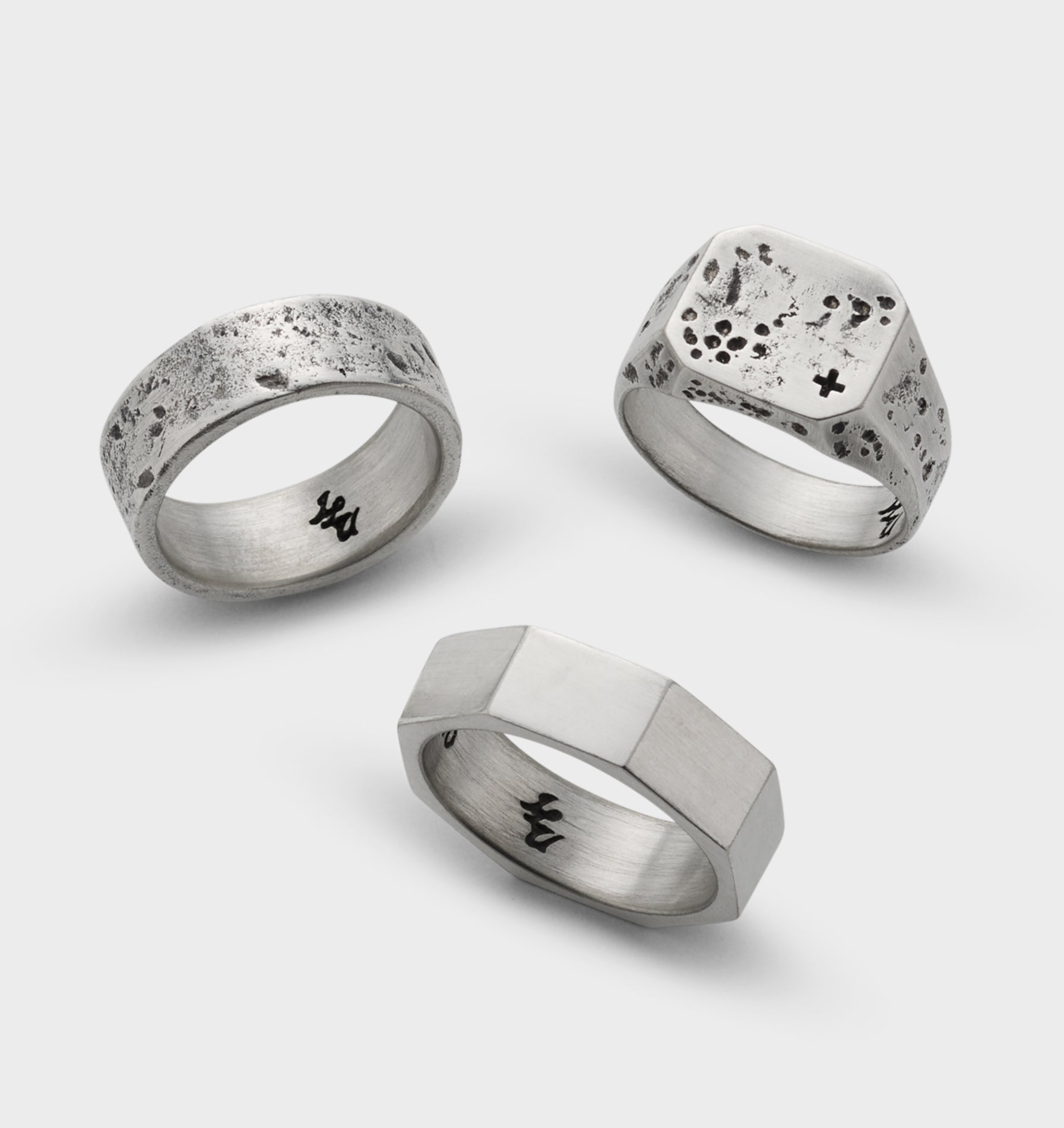 Distressed Octagon Signet Ring  - White Brass
