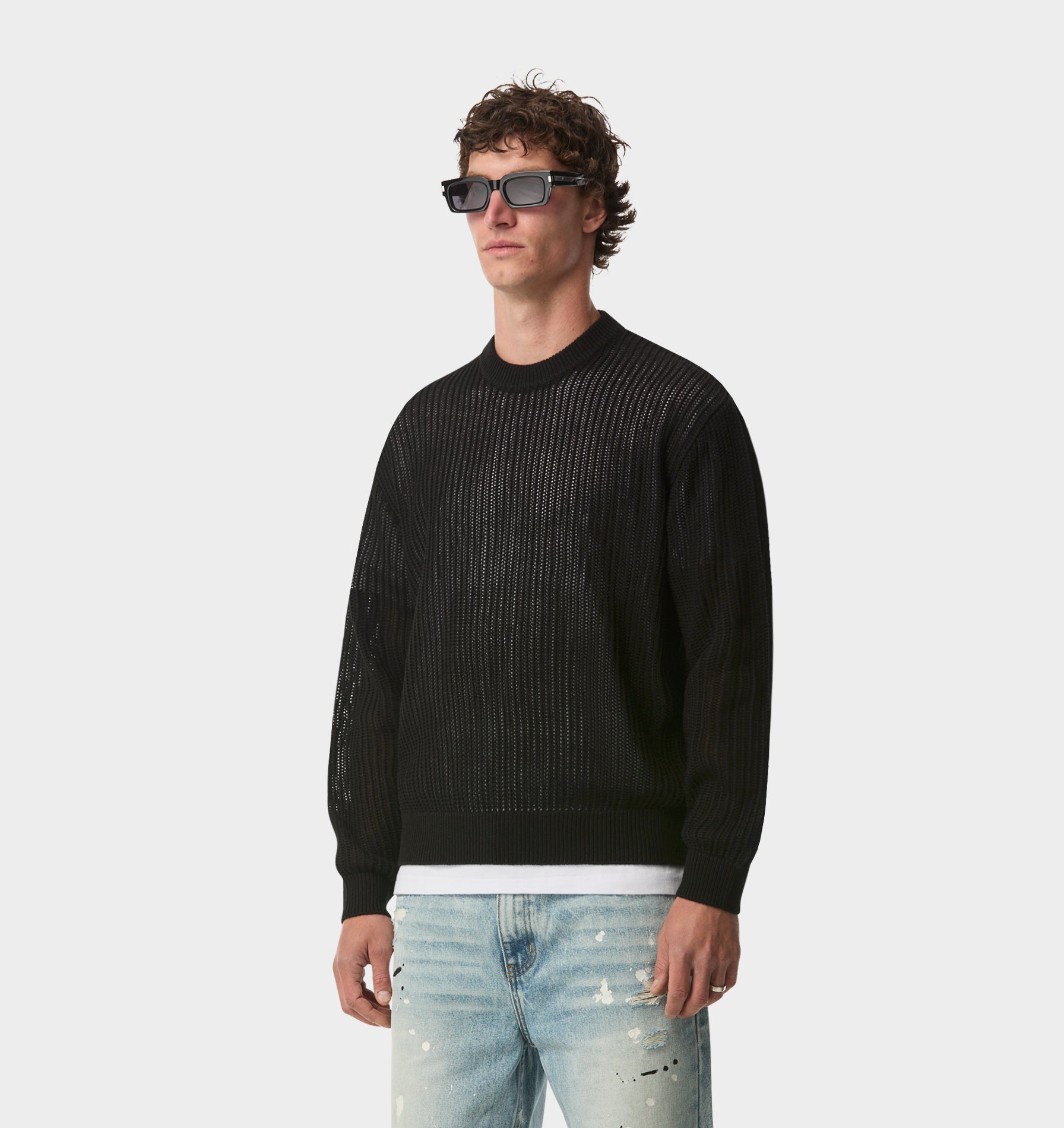 Mesh Cropped Knit Sweater - Black