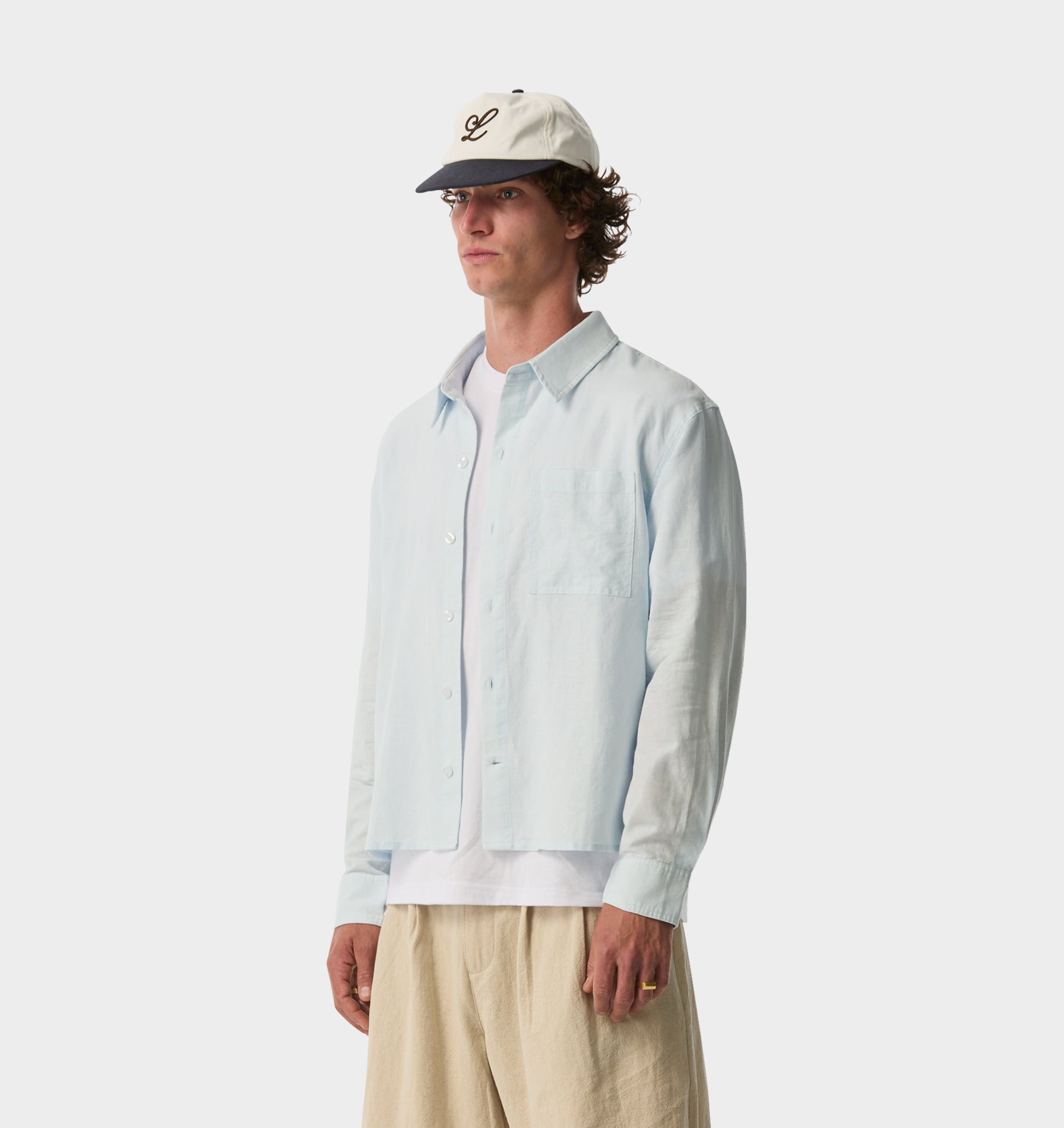 Linen Crop LS Shirt - Pale Blue