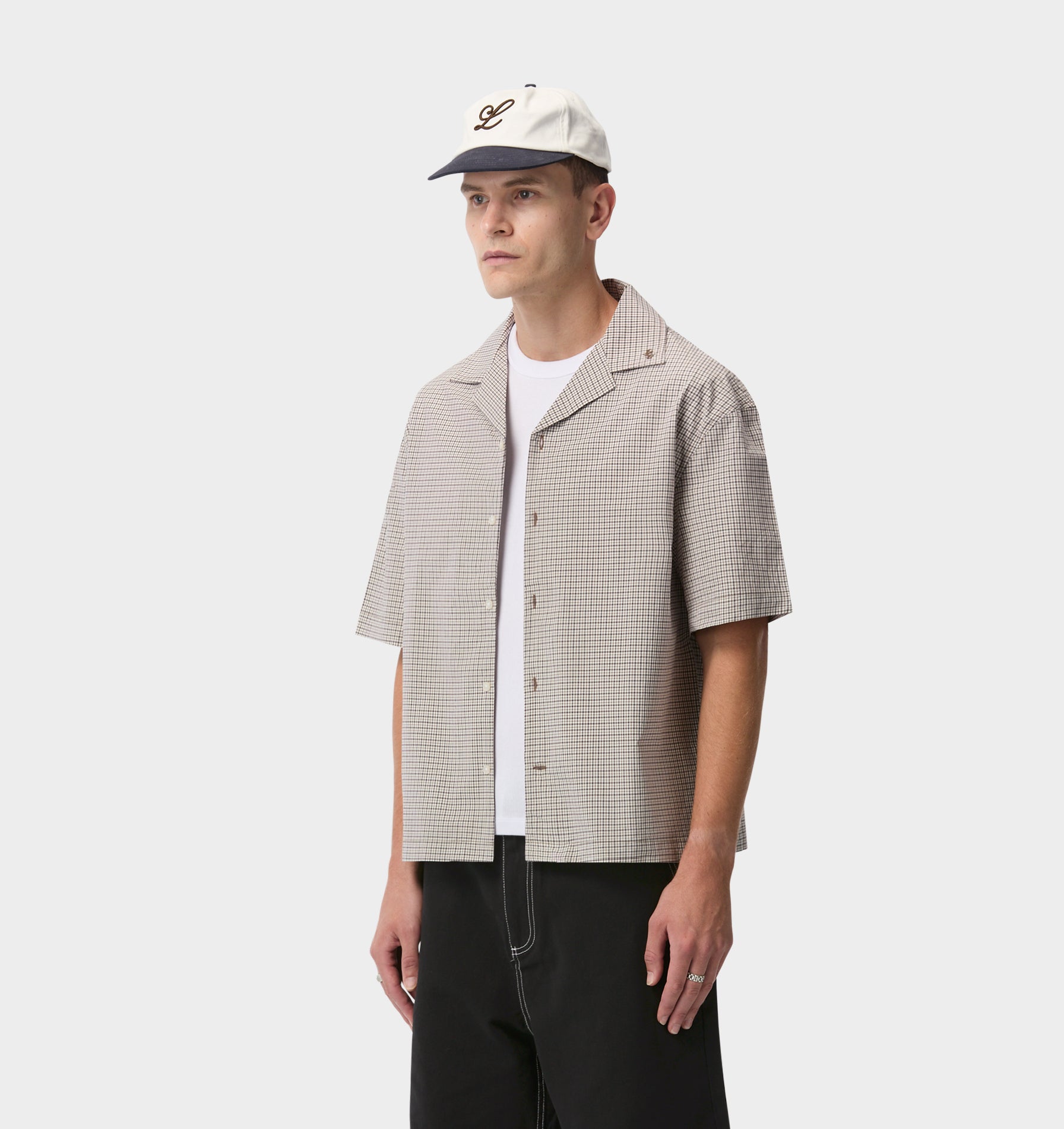 Box Cuban Collar Shirt - White/Brown Check