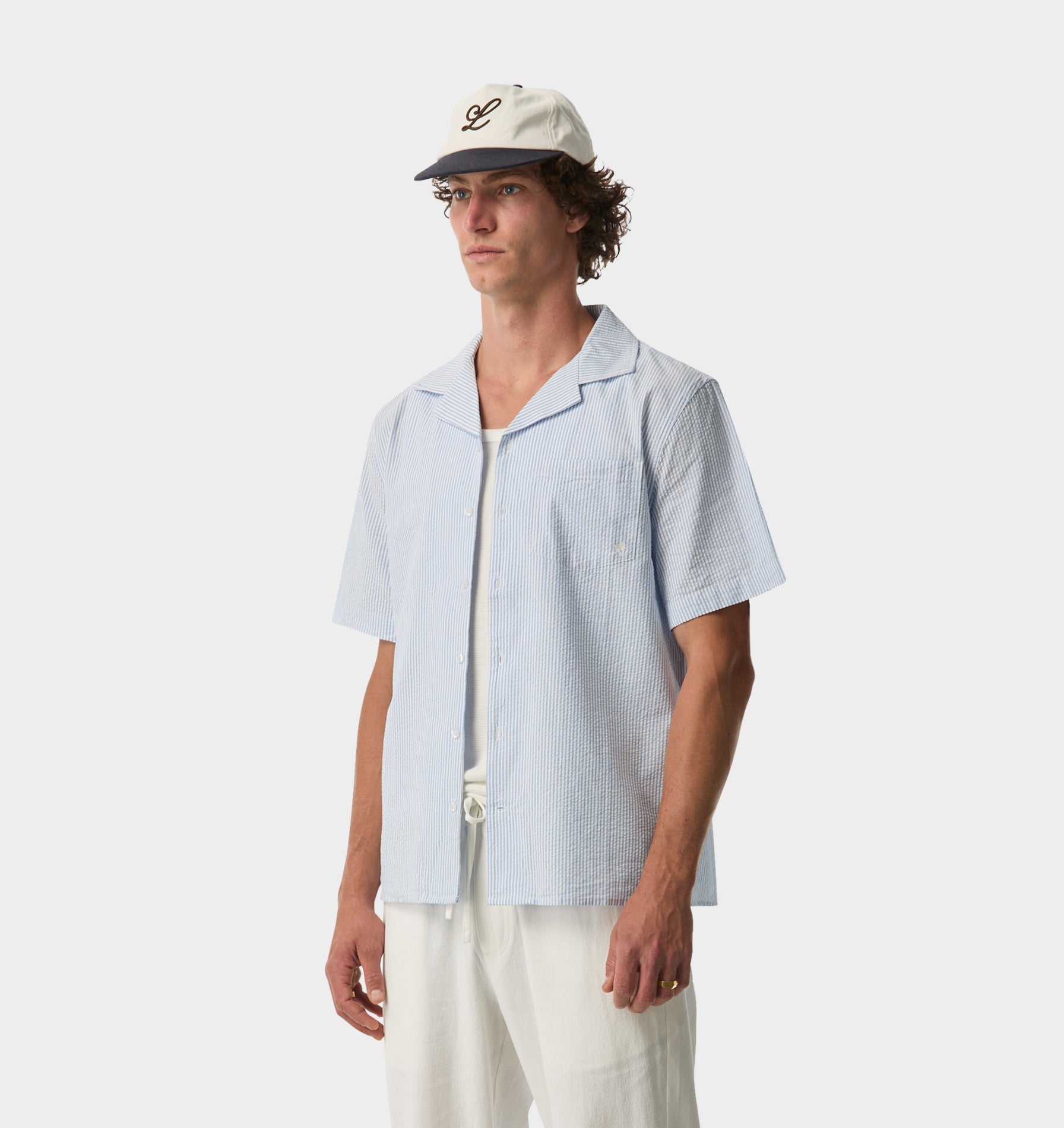 Cuban Collar SS Shirt - Blue Stripe