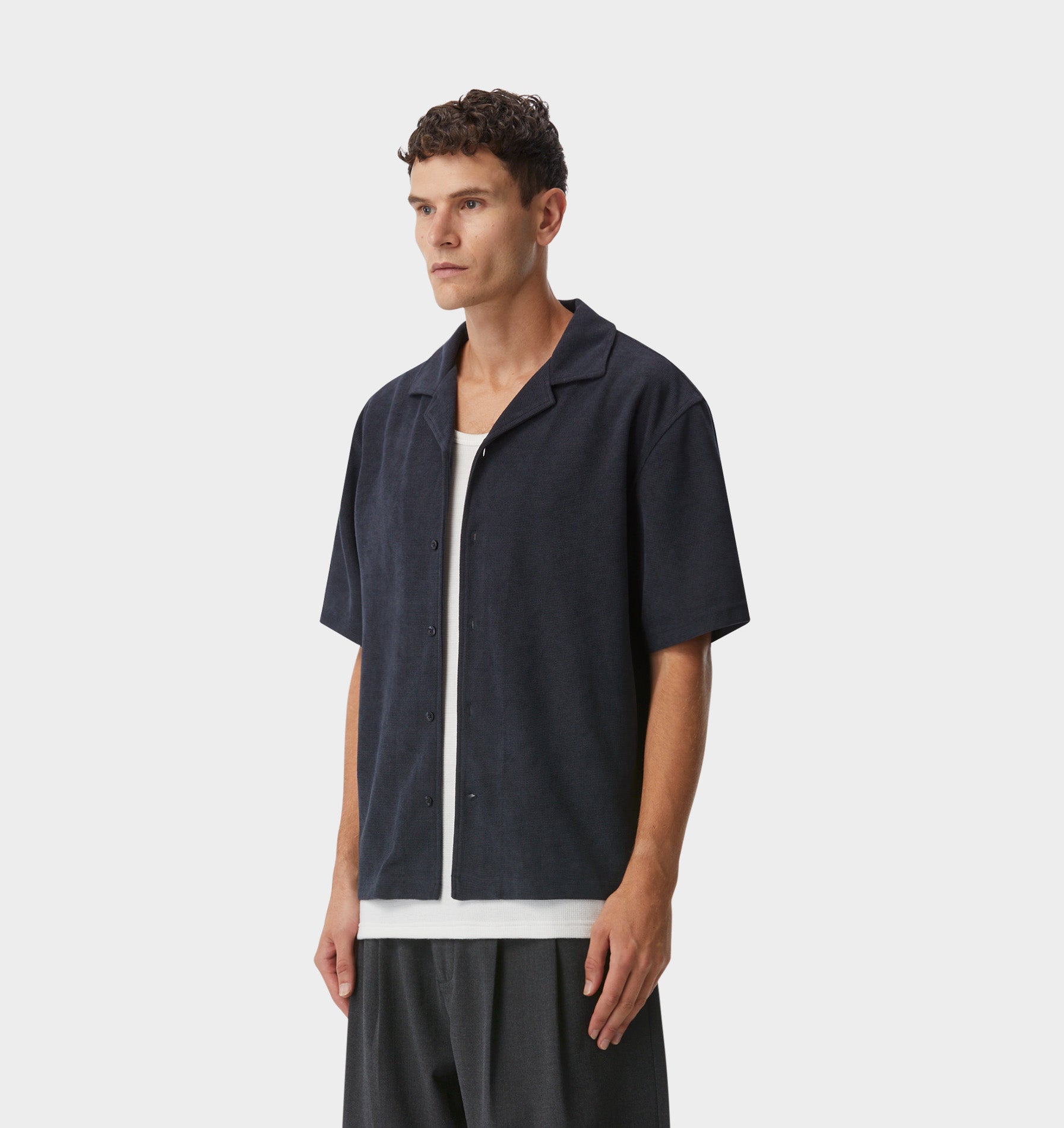 Waffle Box Cuban Collar SS Shirt - Indigo