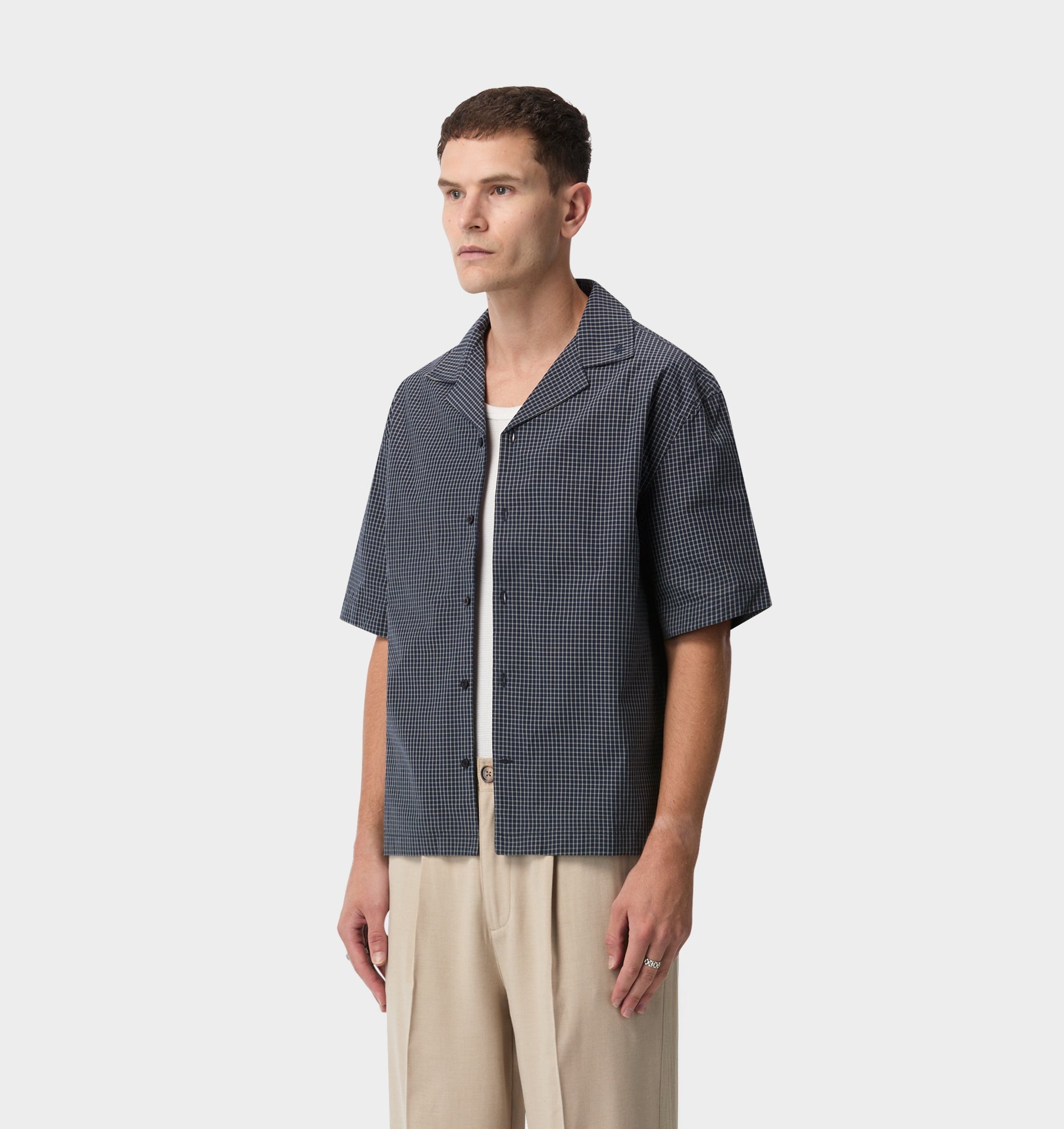 Box Cuban Collar Shirt - Navy Check