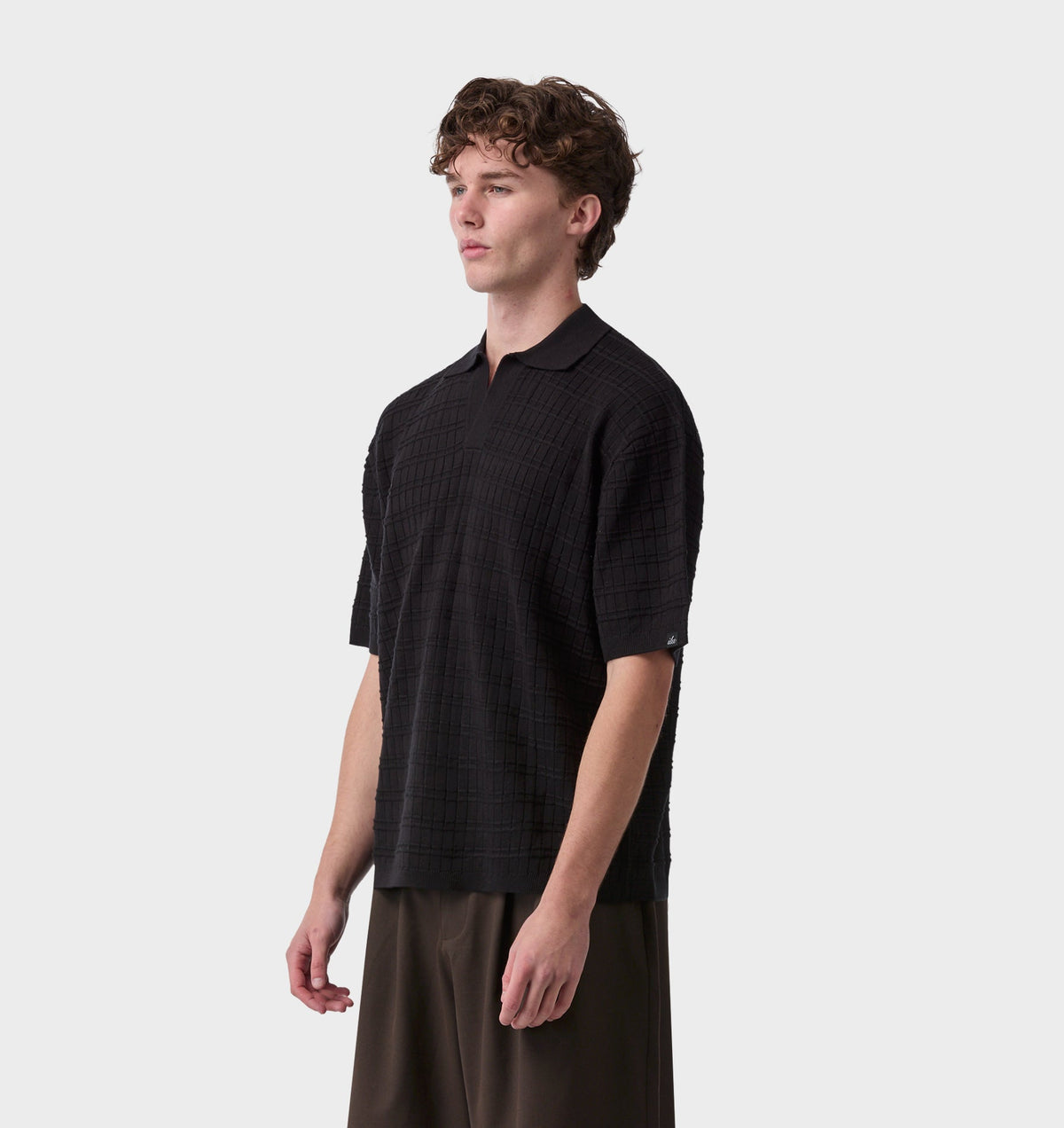 Grid Box Knit Polo - Black