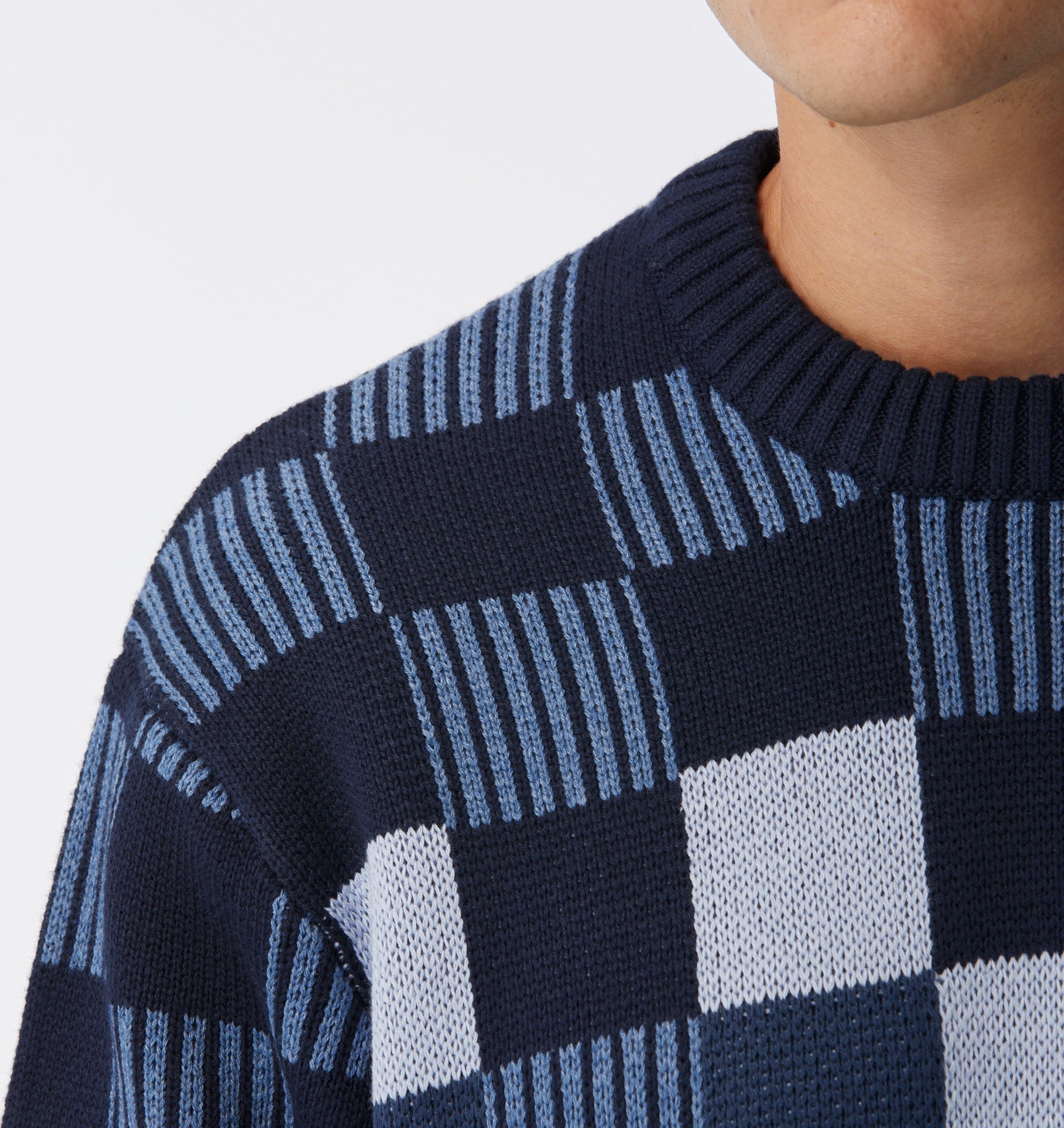 Checkerboard Knit Sweater - Navy