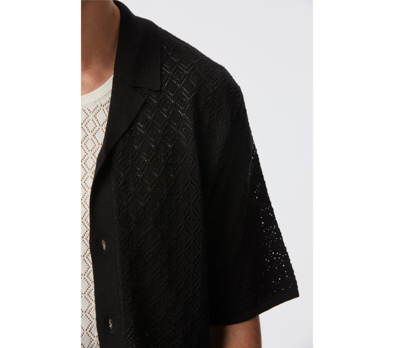 Lace Knit Cuban Collar SS Shirt - Black