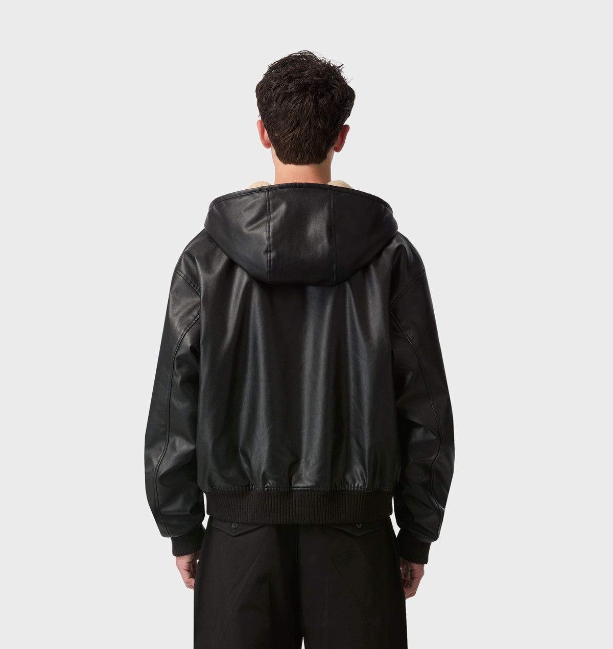 Faux Leather Hood Jacket - Black