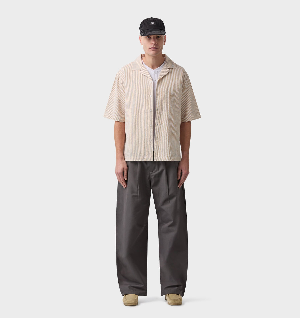 Box Cuban Collar Shirt - Mustard/White Stripe