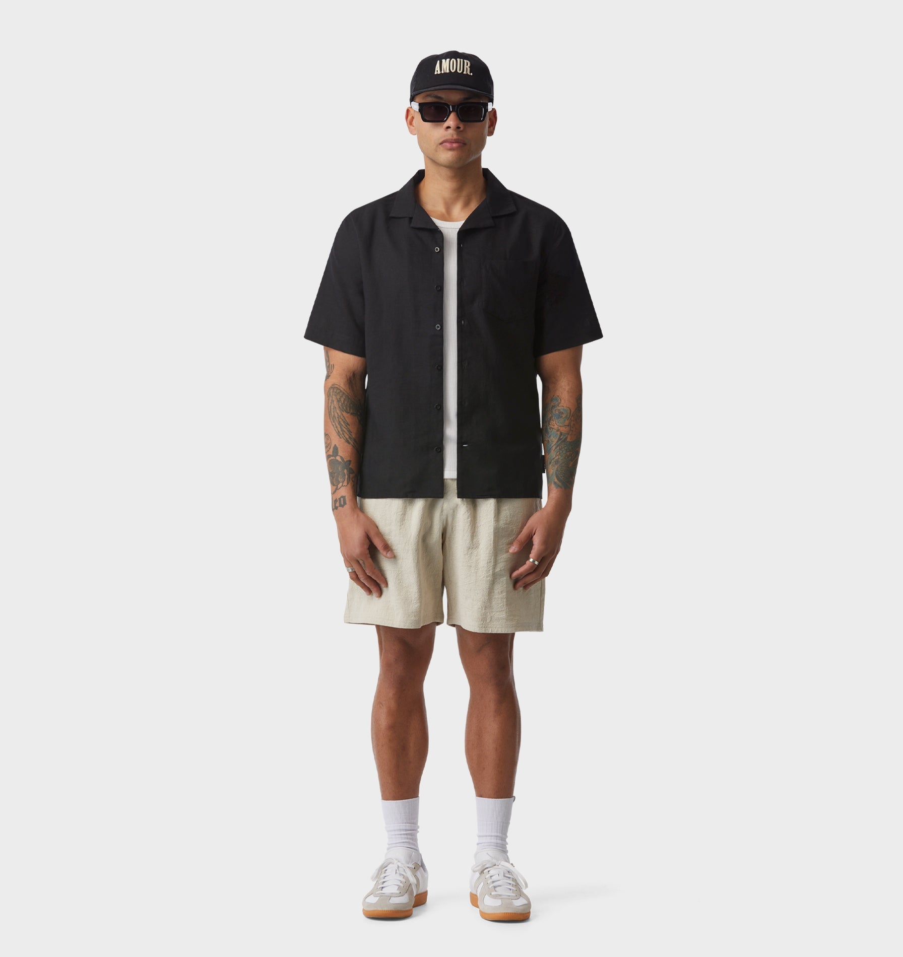 Linen Cuban Collar SS Shirt - Black