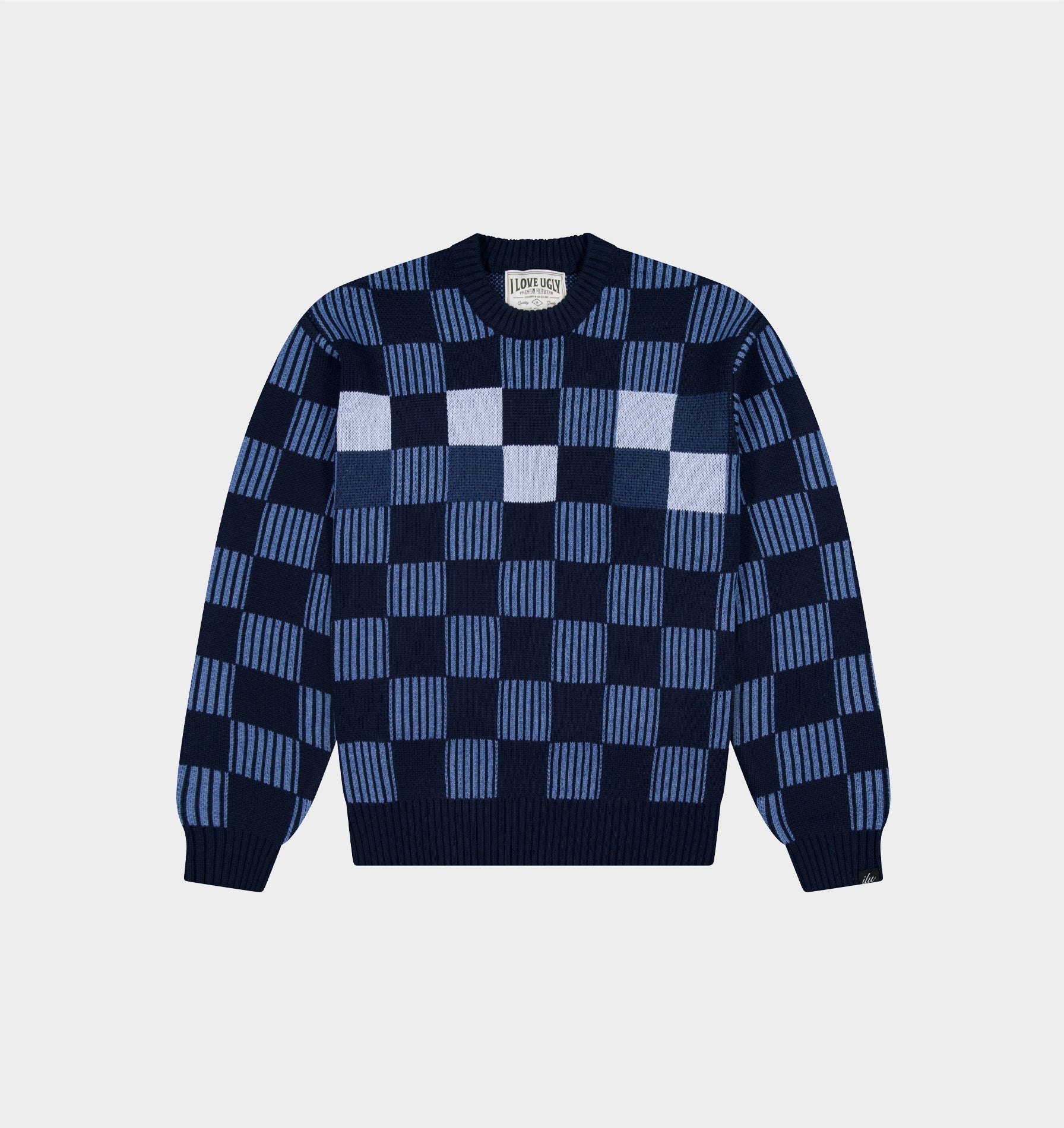 Checkerboard Knit Sweater - Navy