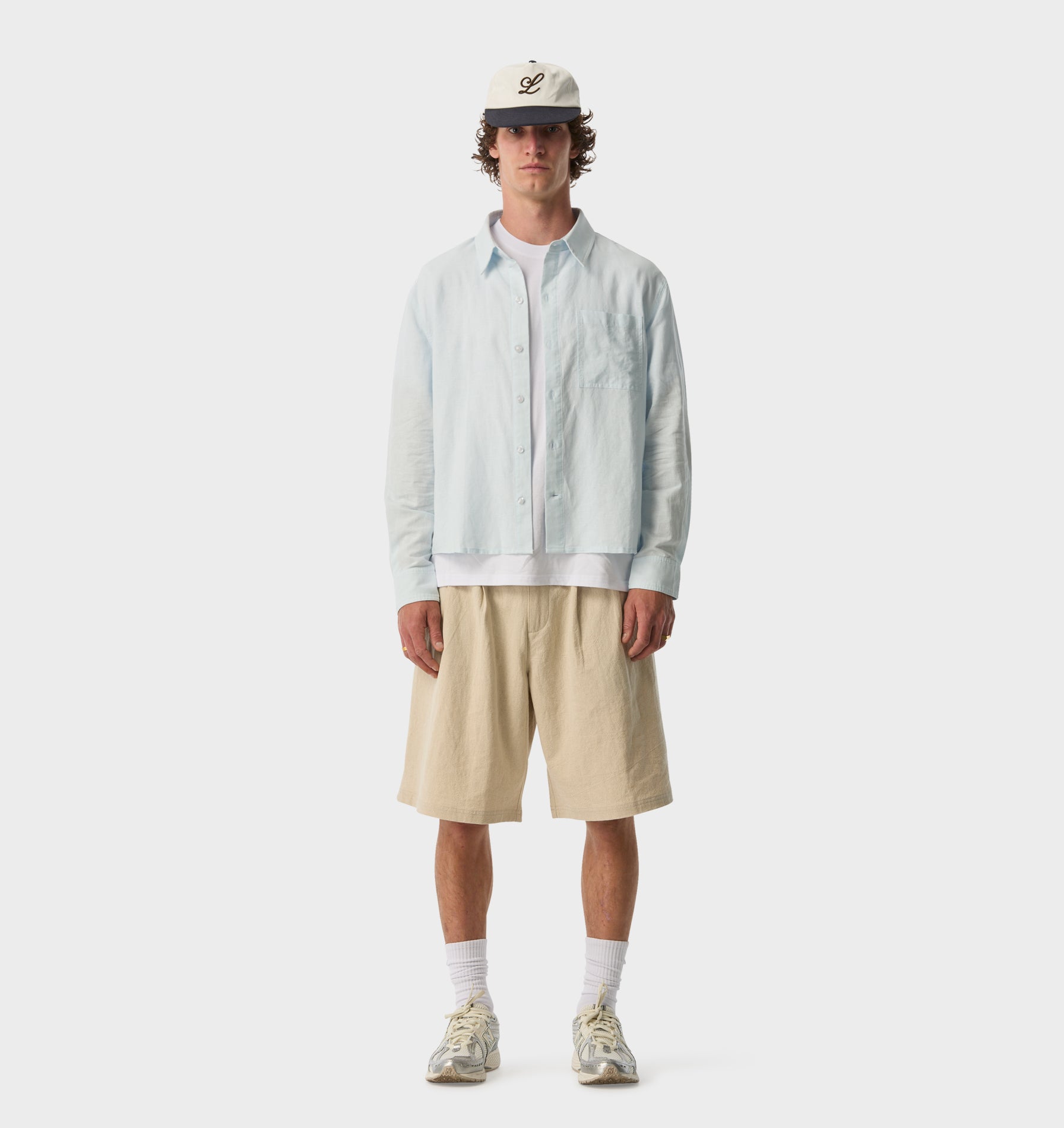 Linen Crop LS Shirt - Pale Blue