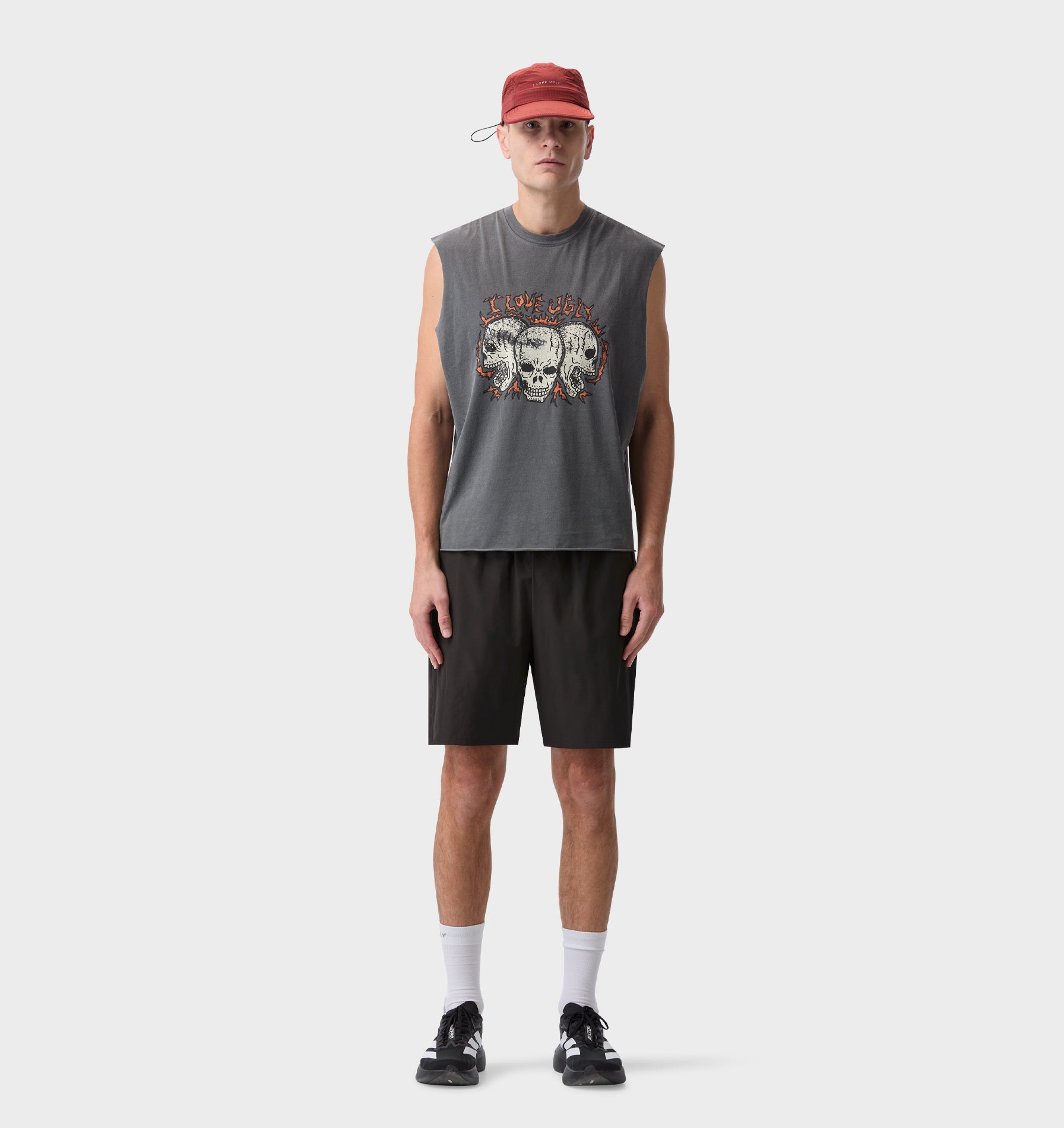 Skull Active Cotton Crop Tank - Washed Black