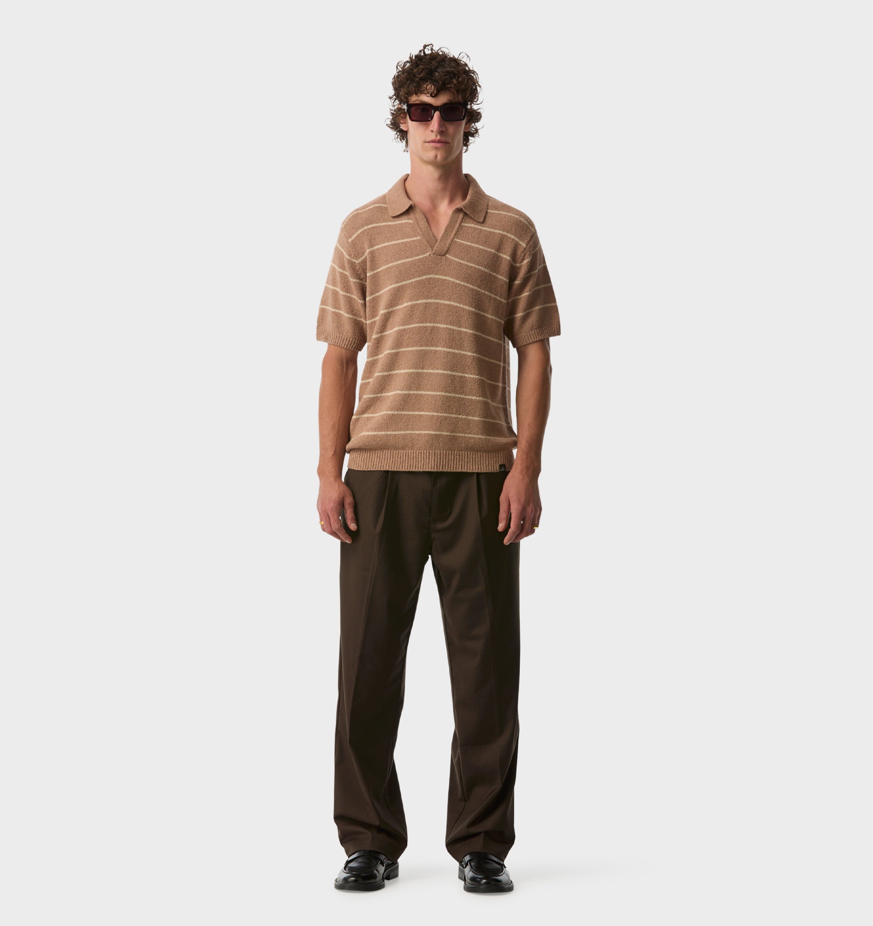 Clive Knit SS Polo - Mushroom Stripe