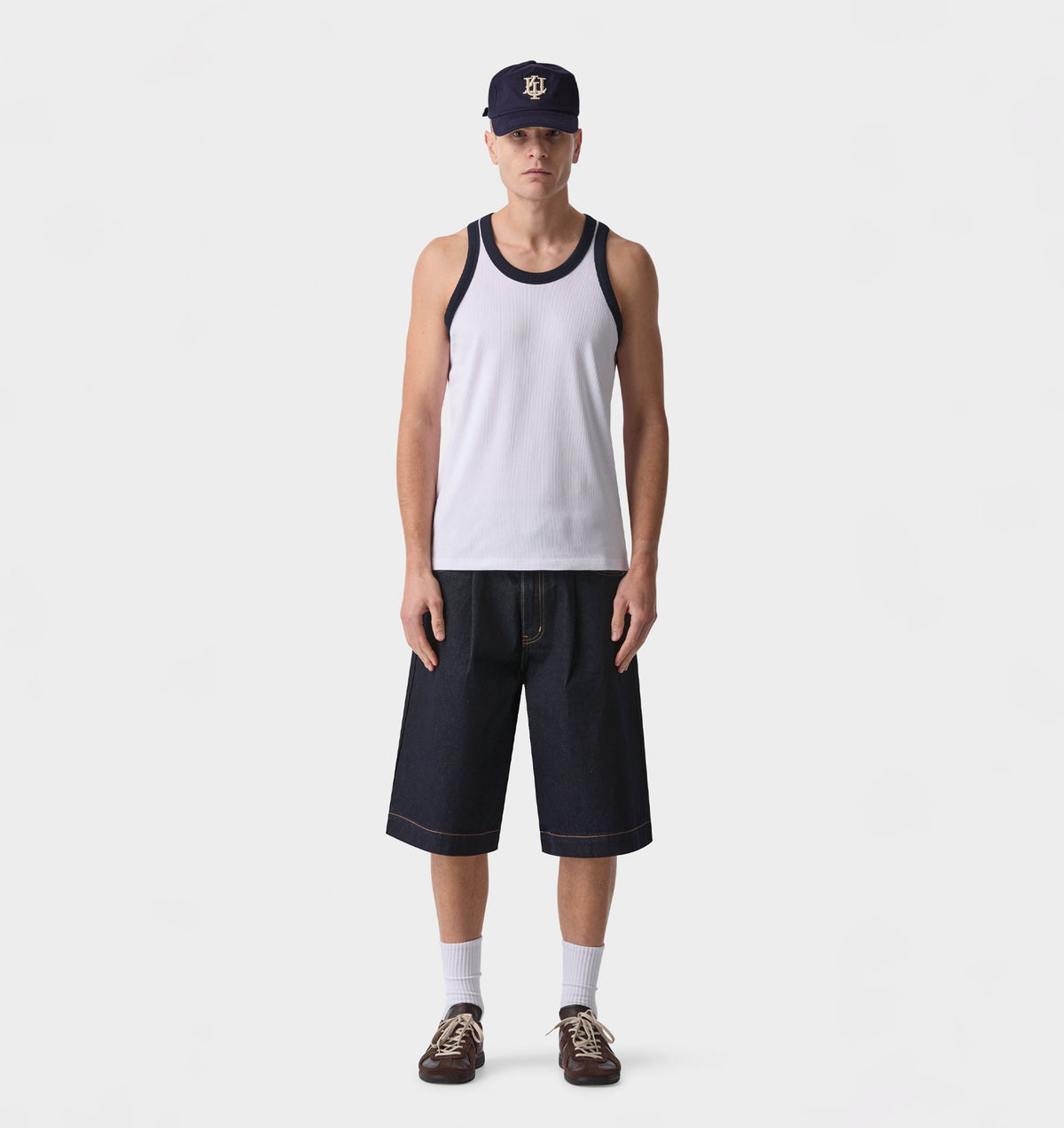 Ribbed Slim Tank - White/Navy