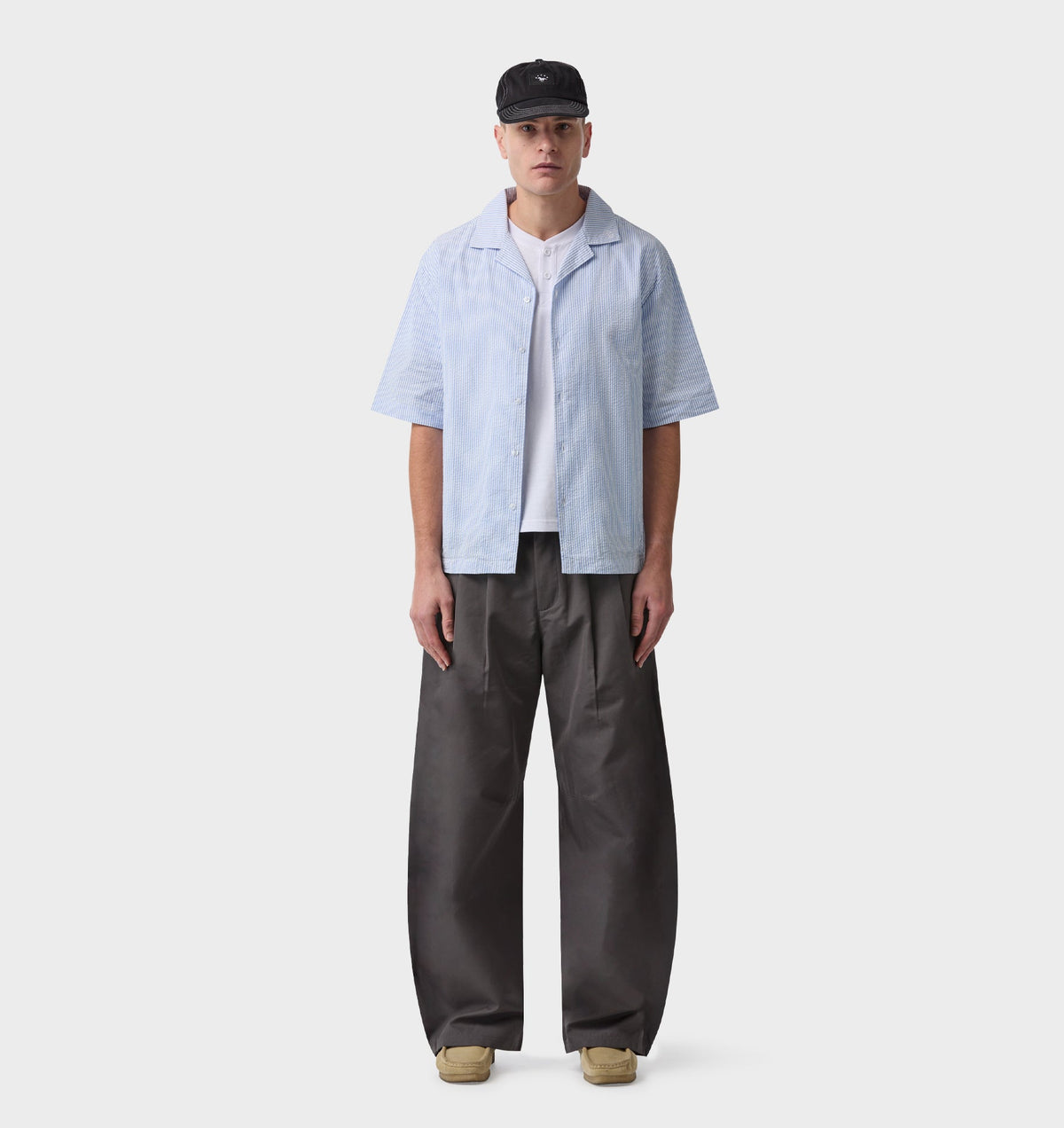 Box Cuban Collar Shirt - Blue/White Stripe