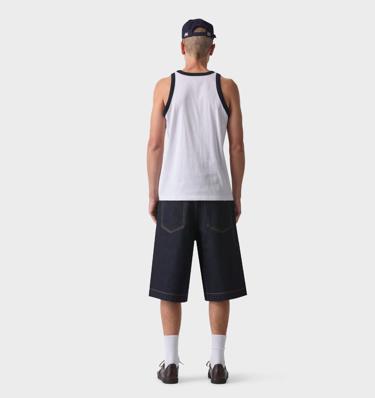 Ribbed Slim Tank - White/Navy
