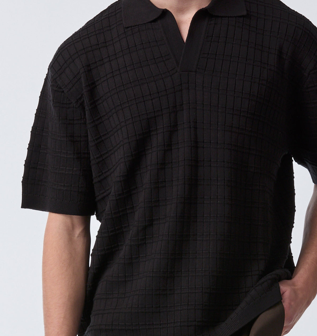 Grid Box Knit Polo - Black
