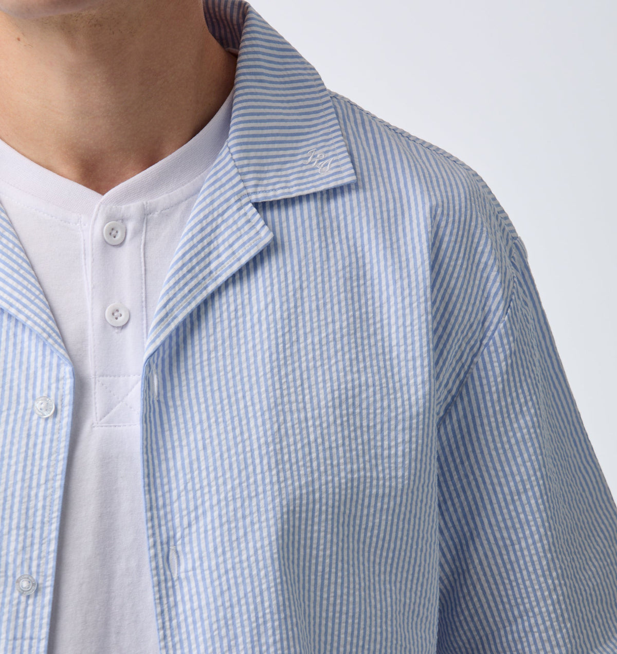 Box Cuban Collar Shirt - Blue/White Stripe