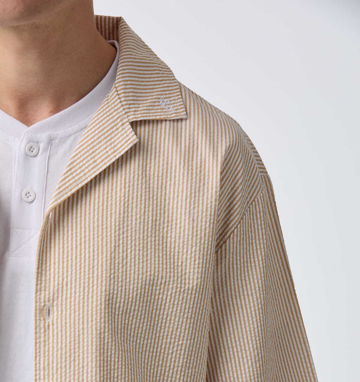 Box Cuban Collar Shirt - Mustard/White Stripe